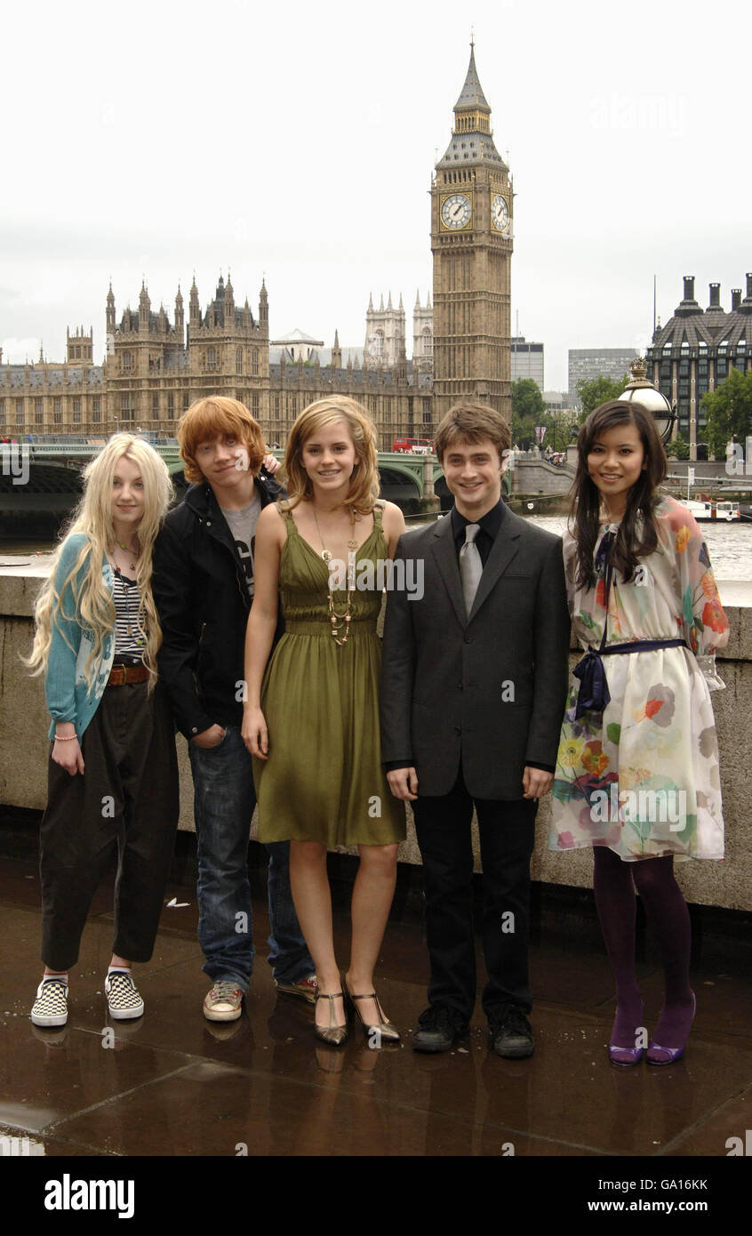 The cast of Harry Potter And The Order Of The Phoenix, (left to right) Evanna Lynch, Rupert Grint, Emma Watson, Daniel Radcliffe and Katie Leung, on the Thames Terrace of County Hall in south London, ahead of the European premiere of the film next week. Stock Photo