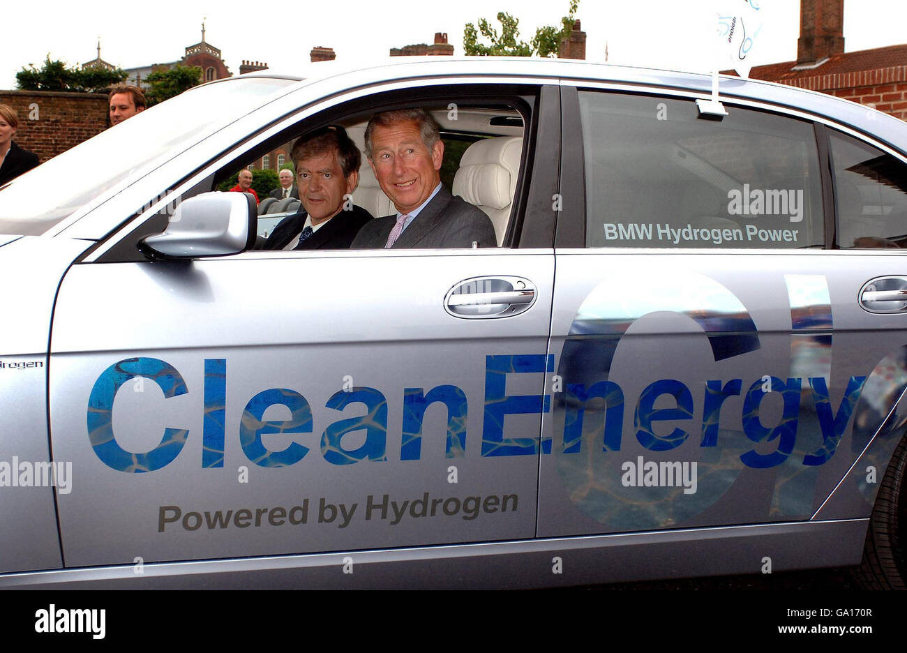 The Prince of Wales at the wheel of a new BMW 7 eco-friendly car during a test drive around the car park of the Hampton Court Palace this afternoon. Stock Photo