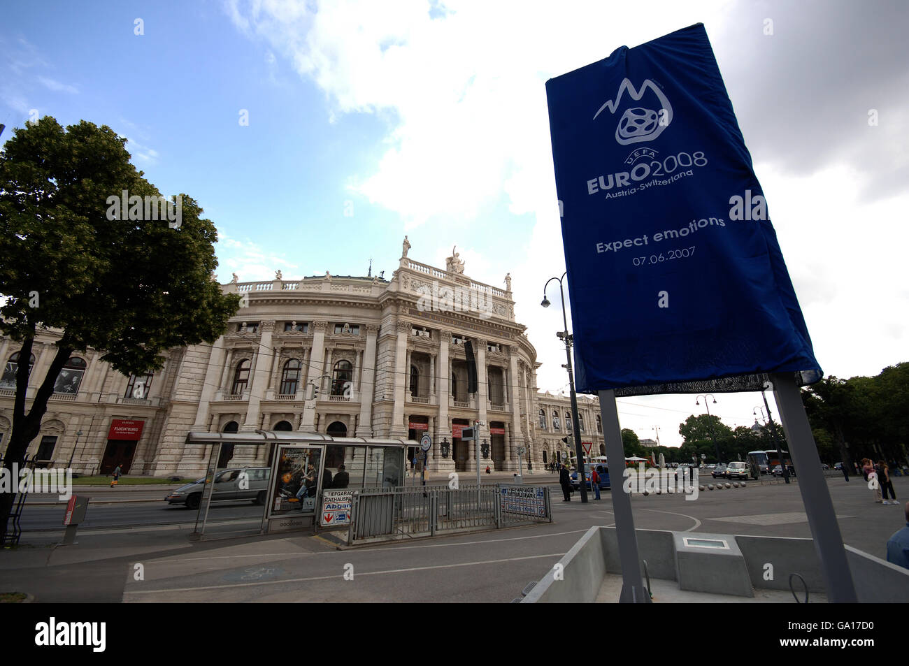A banner advertising the 2008 European Football Championships outside the Burgtheater Stock Photo