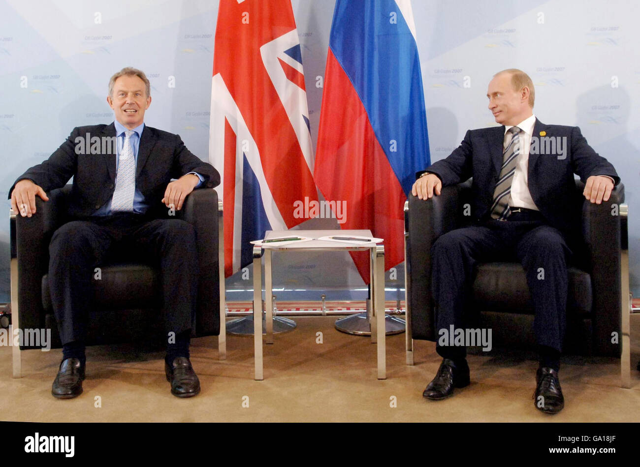 Britain's Prime Minister Tony Blair holds a bilateral meeting with Russian President Vladimir Putin at the G8 Summit in Germany. Stock Photo