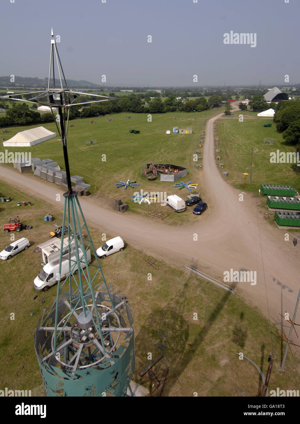 New Glastonbury tower. An aerial view of the re-designed left field tower at Pilton. Stock Photo