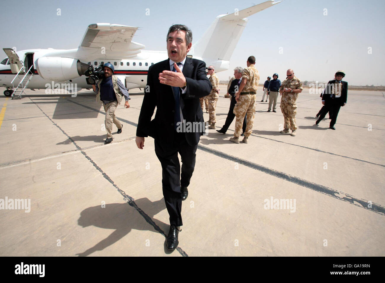 Chancellor Gordon Brown meets British Troops after arriving by Puma Helicopter in Bahgdad, Iraq, during a visit to the region. Stock Photo