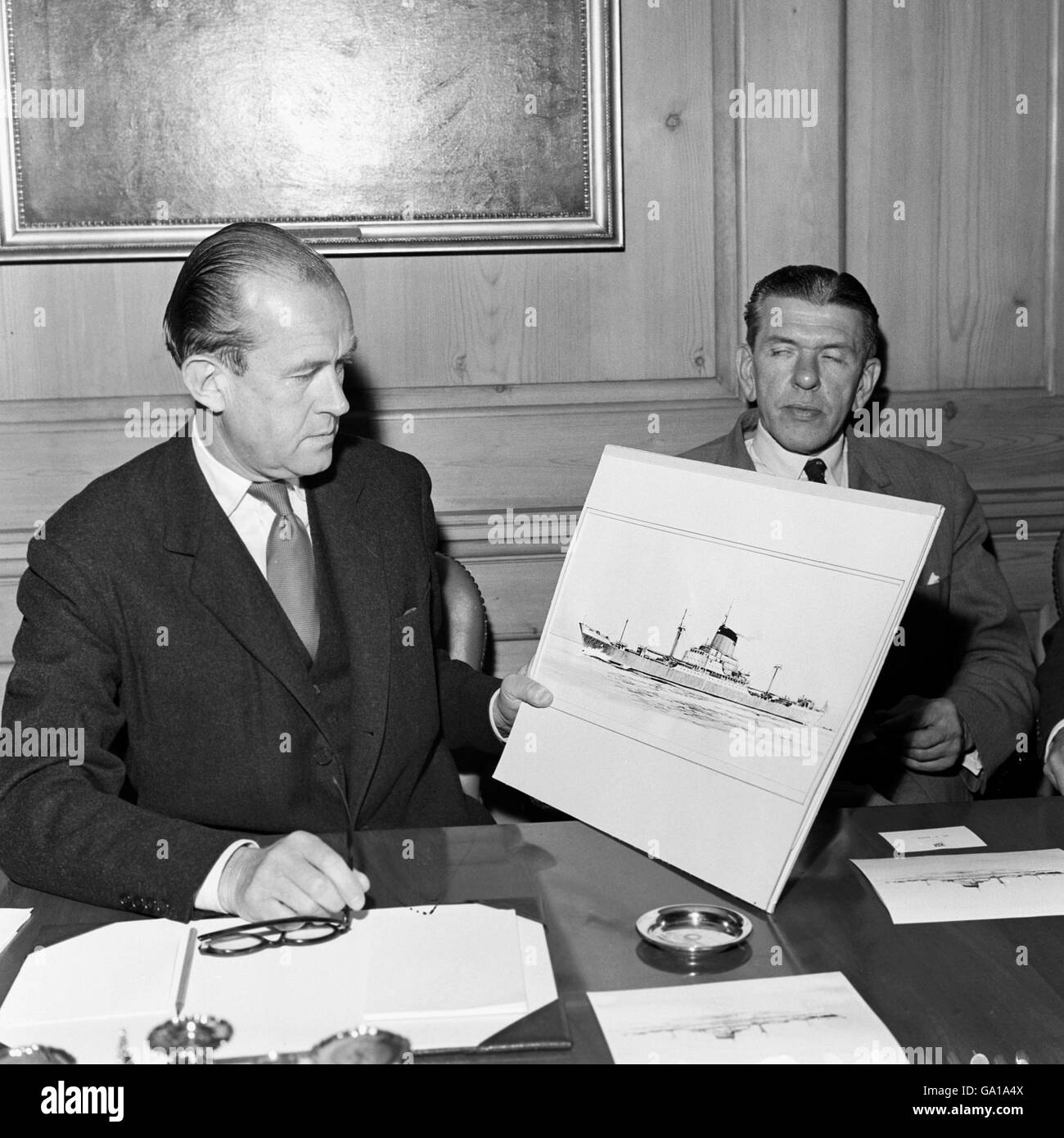 Sir Nicholas Cayzer, Chairman of the British and Commonwealth Shipping Company during a press conference at which he announced that two new Union Castle cargo mailships were to be built on Tyneside. Stock Photo