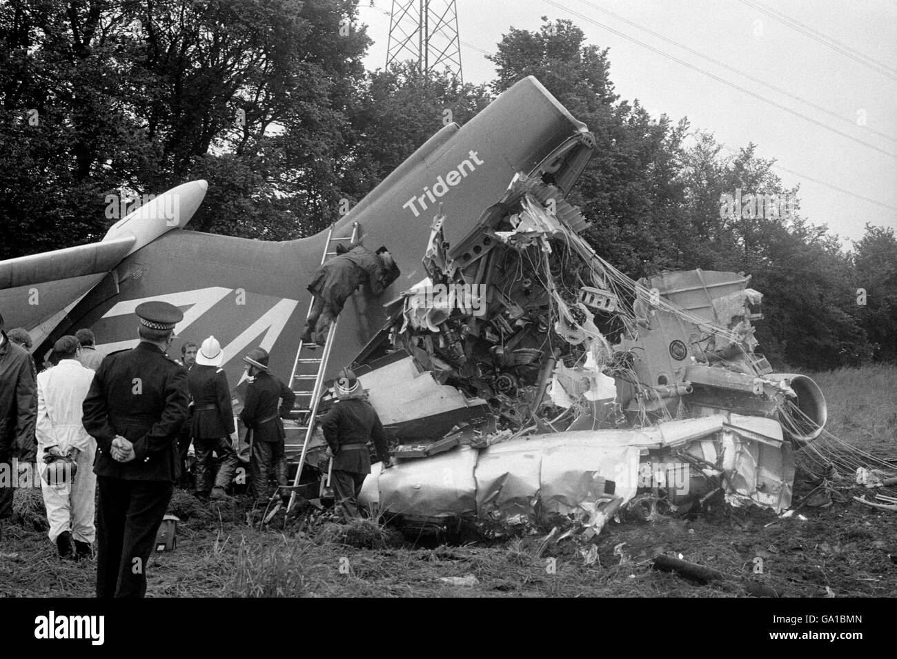 BEA Trident jet crash. The torn off tail section of the Brussels bound BEA Trident jet which crashed in a field, killing 118. Stock Photo