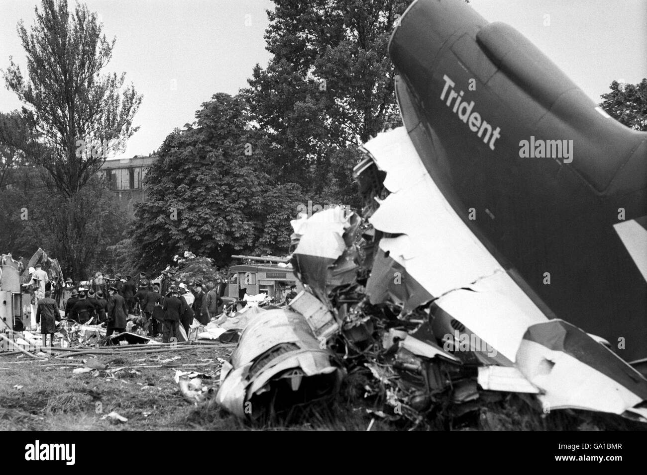 The wreckage of the Brussels bound BEA Trident jet which crashed in a field, killing 118. Stock Photo