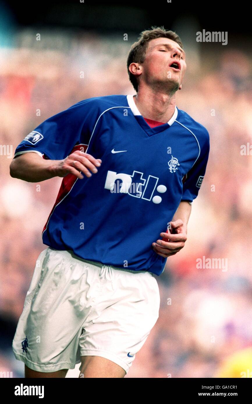 Scottish Soccer - Scottish Premiership - Rangers v Kilmarnock. Rangers' Tore Andre Flo looks to the sky after missing a chance Stock Photo