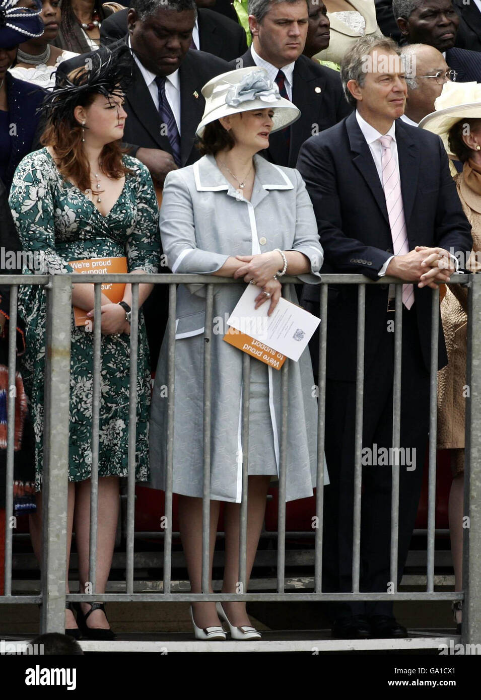 Prime Minister Tony Blair (right) with (L-R) his daughter Kathryn and wife Cherie watching the annual Trooping the Colour ceremony. Stock Photo