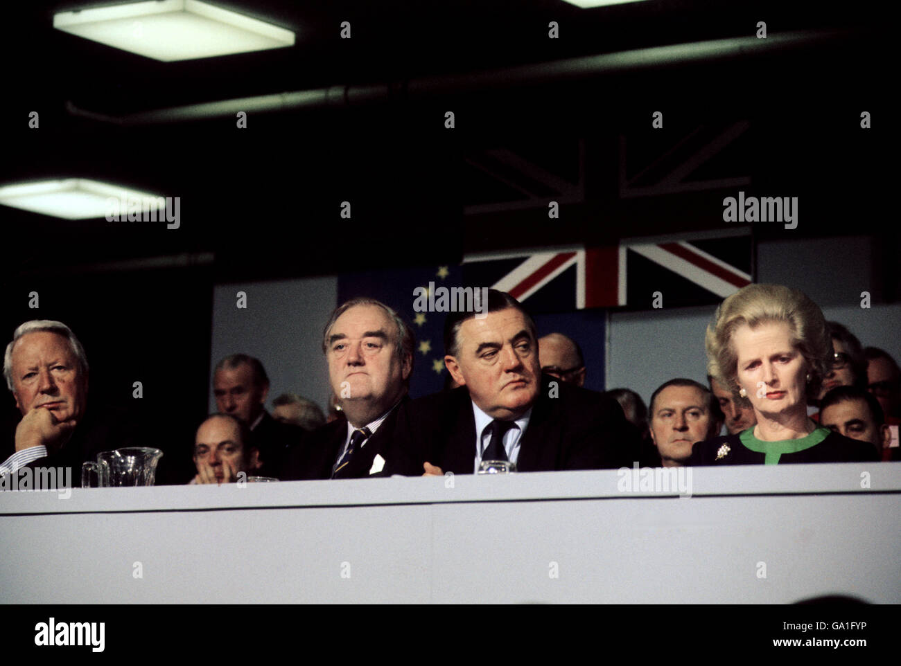 Opposition leader Margaret Thatcher with (from left) former premier, Edward Heath, Deputy leader Willie Whitelaw, and Lord Hewlett during the Conservative Party's annual conference. Stock Photo