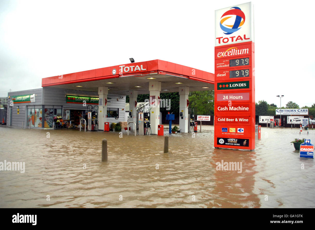 A Total petrol station on the outskirts of Hull is surrounded by floodwater after heavy rainfall. Stock Photo