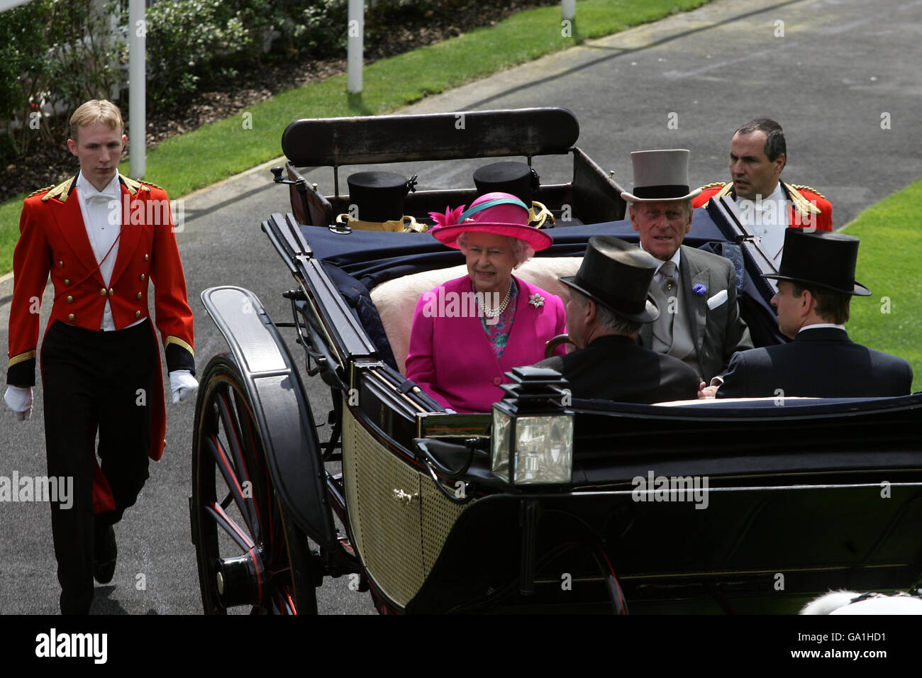 Queen Elizabeth ll and Prince Philip, Duke of Edinburgh arrive in an open carriage for the first day of Royal Ascot. Stock Photo