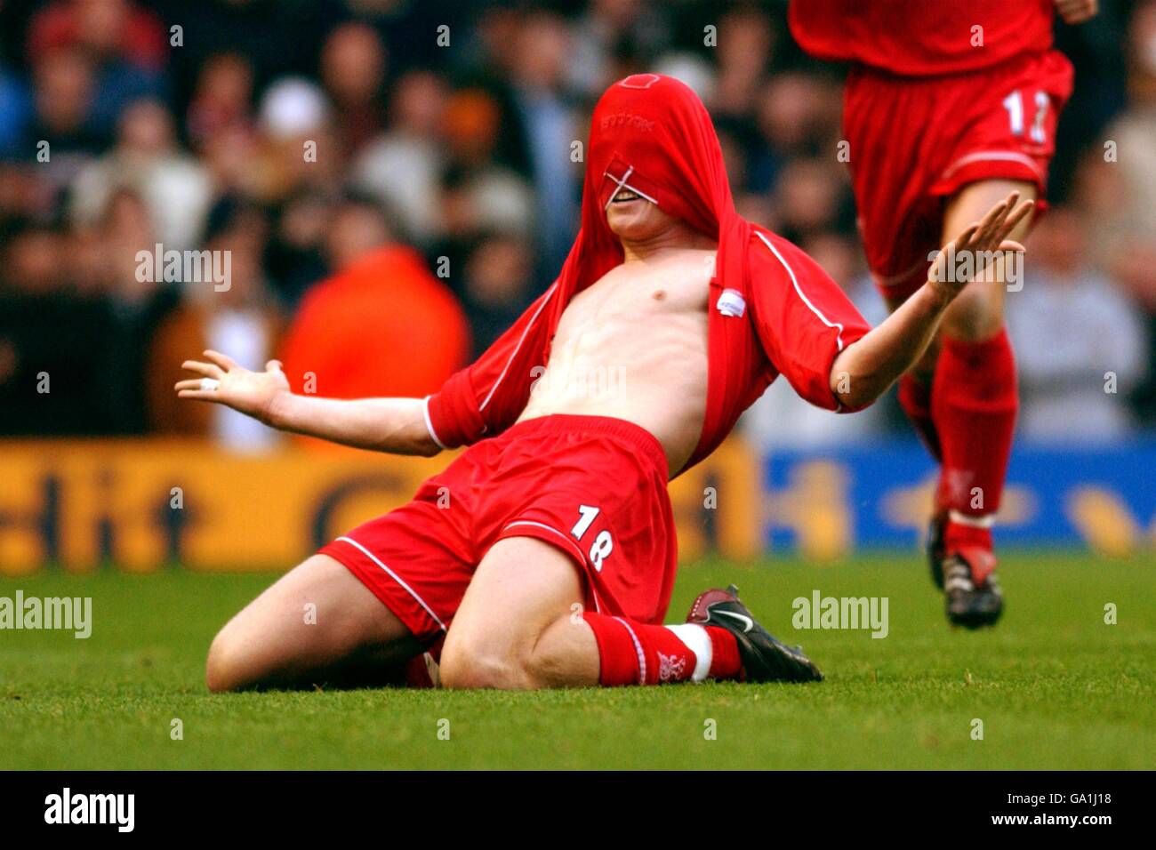 Liverpool's John Arne Riise celebrates scoring their second goal Stock ...