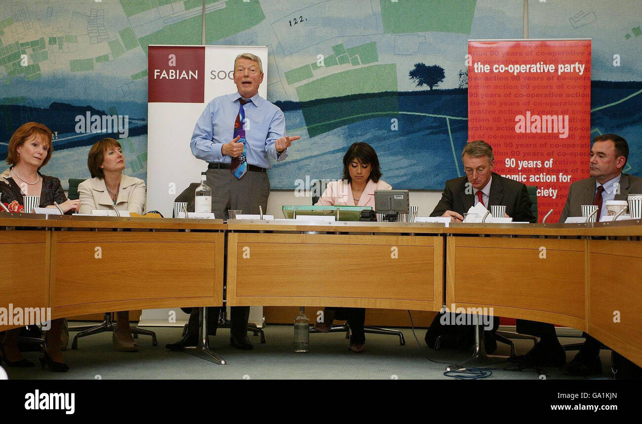 Labour deputy leadership candidates (Left to Right) Hazel Blears, Harriet Harman, Alan Johnson, Chair Seema Malhotra, Hilary Benn MP and John Cruddas MP attend a deputy leadership hustings for the Fabian Society and Labour Party women members in conjunction with the Parliamentary Labout Party Women's Commitee in London's Westminster. Stock Photo