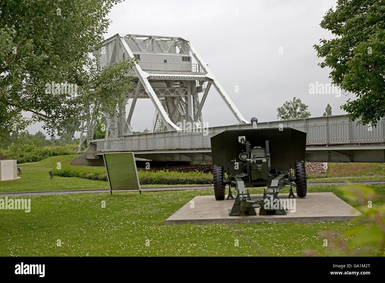 Original Pegasus Bridge is a bascule movable rolling bridge over Caen canal Normandy France Stock Photo