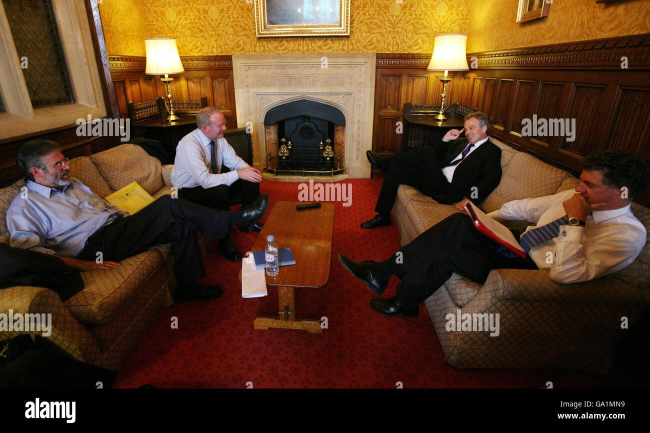 Previously unreleased image of Britain's Prime Minister Tony Blair meeting Gerry Adams (left) and Martin McGuinness (second left) in his office at the House of Commons after PMQs on 13/06/2007. Stock Photo