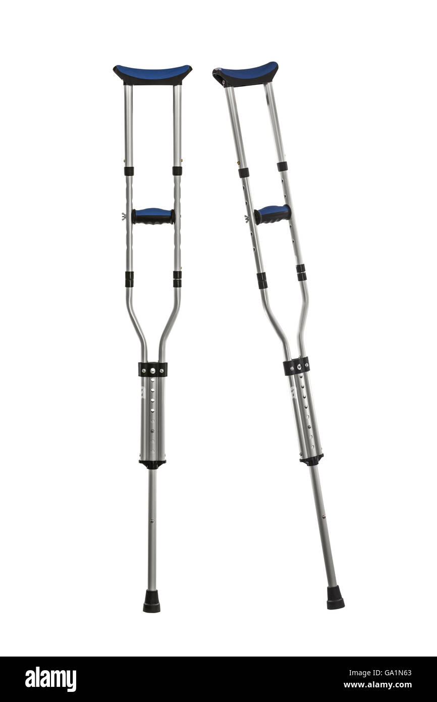 Adjustable metal crutches isolated on white. Stock Photo