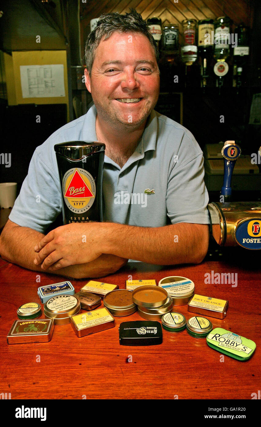 Gerry McLaughlin, the landlord at the Miners Arms in Bristol is providing customers with 16 different types of snuff, a tobacco based powder inhaled through the nose, in preparation for the smoking ban. Stock Photo