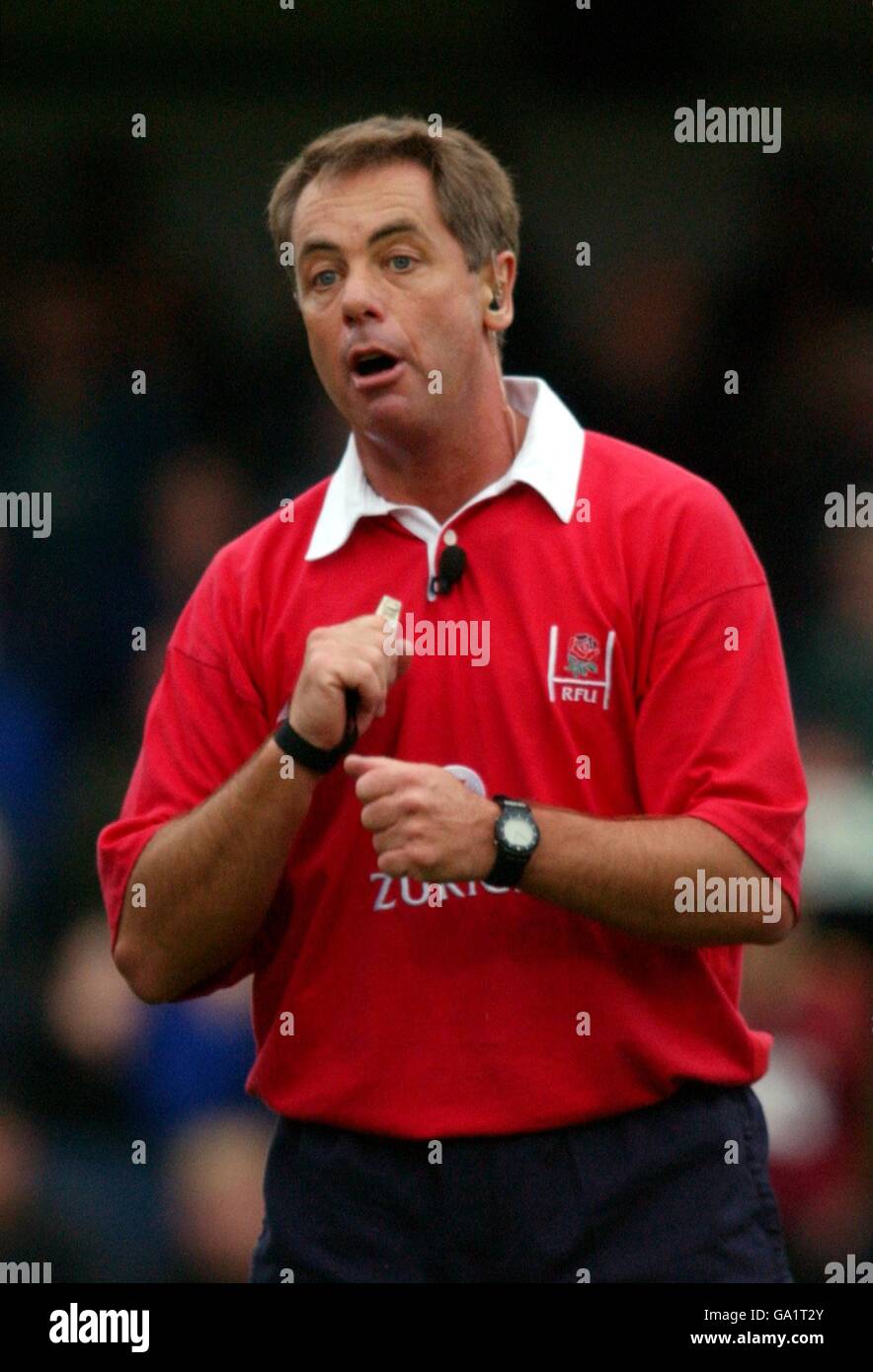 Rugby Union - Zurich Premiership - Sale Sharks v Northampton Saints. The referee Steve Lander signals Stock Photo