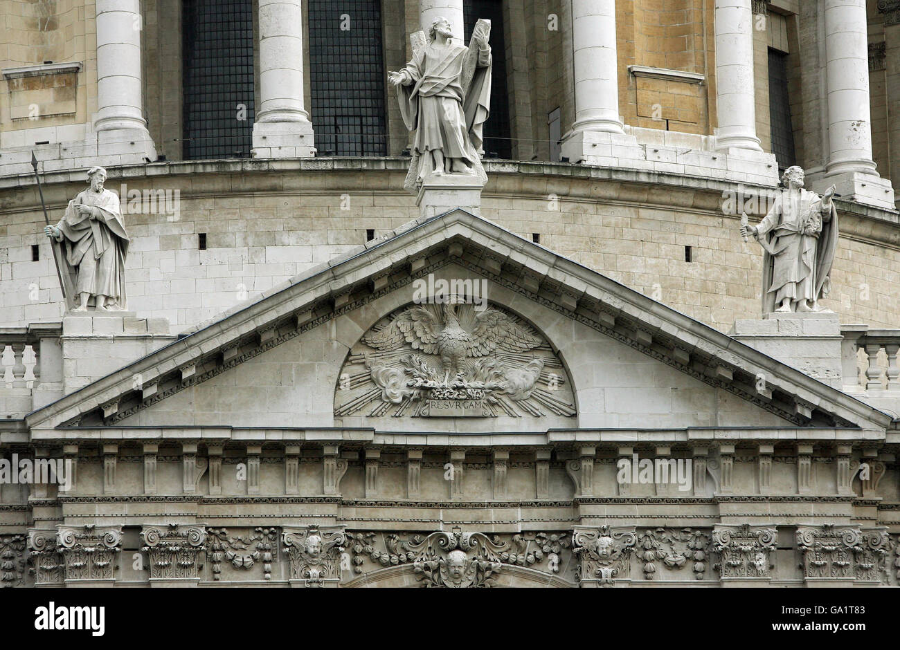 Detail view of stonework on St Paul's Cathedral in London, following the removal of the scaffolding on the South Transept. Stock Photo