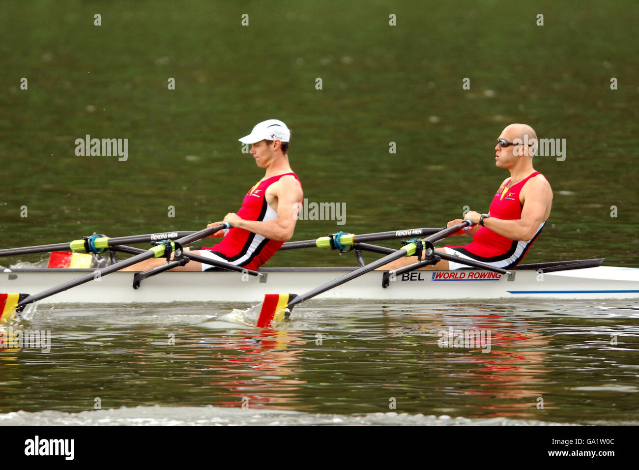Belgium's Stijn Smulders (right) and Christophe Raes compete in the Men's Double Sculls - Repechage 1 during Event 6 of The Rowing World Cup in Bosbaan, Holland. Stock Photo