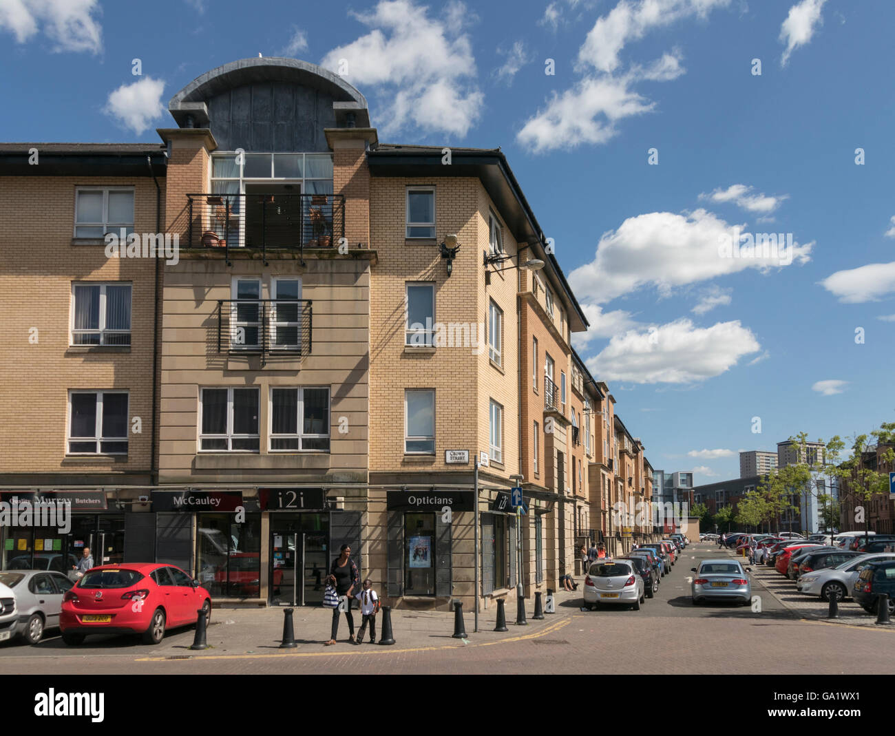 Modern housing and shops in area of urban regeneration,new Gorbals