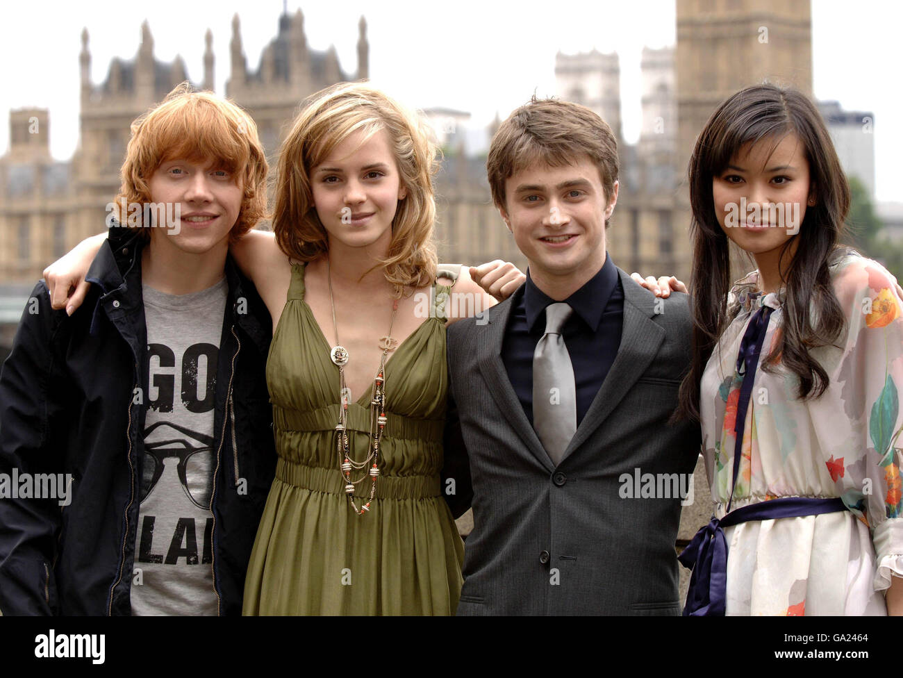 The cast of Harry Potter And The Order Of The Phoenix, (left to right) Rupert Grint, Emma Watson, Daniel Radcliffe and Katie Leung, on the Thames Terrace of County Hall in south London, ahead of the European premiere of the film next week. Stock Photo