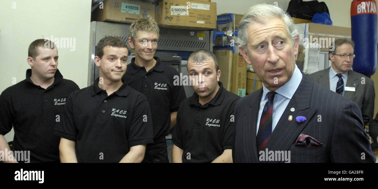 The Prince of Wales during a visit to RACE Engineering, a small business in Paisley supported by the Prince's Scottish Youth Business Trust (PSYBT). Stock Photo