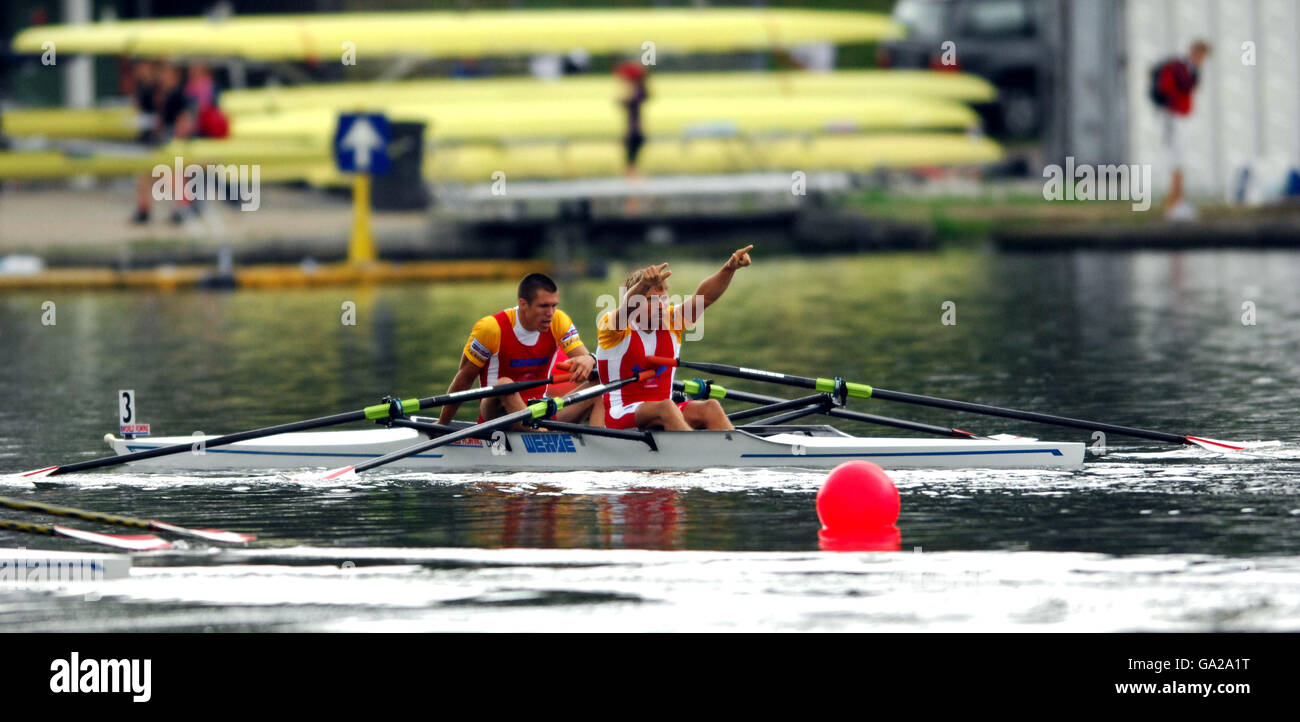 Rowing - 2007 World Cup - Bosbaan. Denmark's Mads Rasmussen (l) and Rasmus Quist (r) celebrate after winning in the lightweight men's double sculls final A Stock Photo