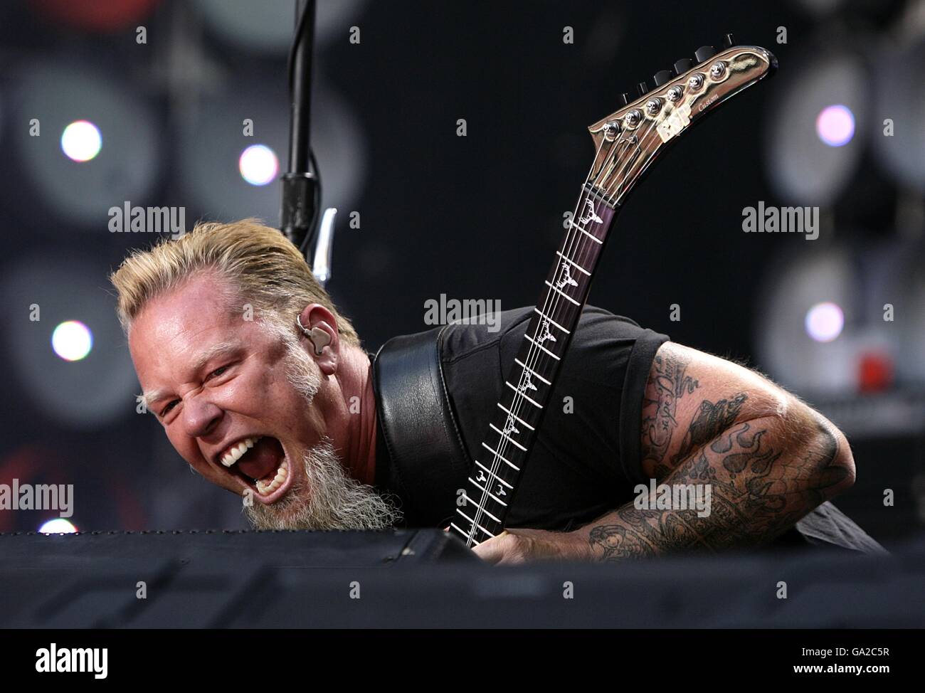 James Hetfield on stage during Metallica's performance at the charity concert at Wembley Stadium, London. Stock Photo