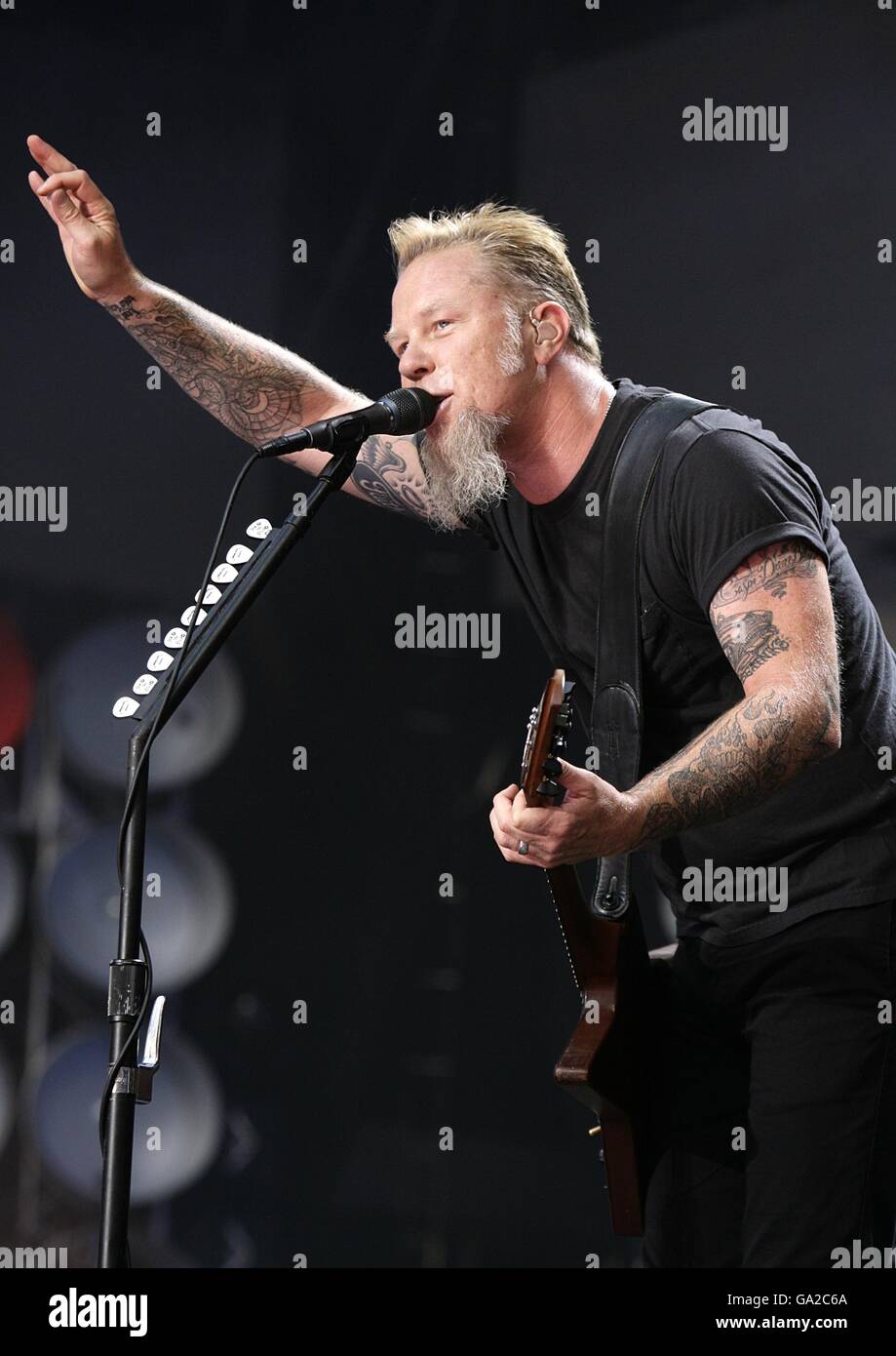 James Hetfield on stage during Metallica's performance at the charity concert at Wembley Stadium, London. Stock Photo