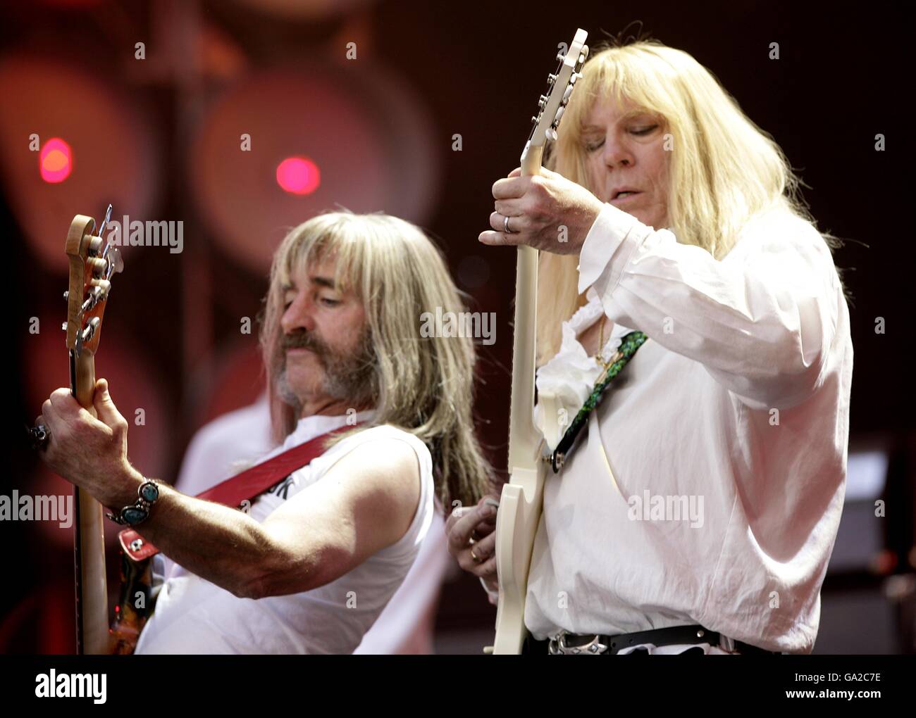Harry Shearer and Michael McKean (right) members of the fictional band Spinal Tap performs during the charity concert at Wembley Stadium, London. Stock Photo