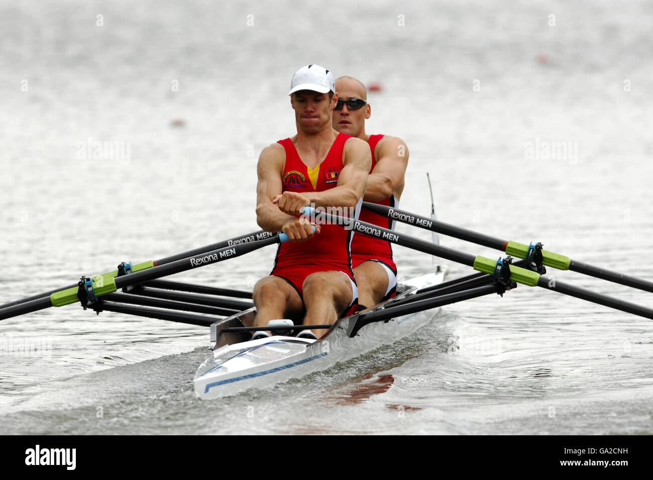 Belgium's Christophe Raes (left) and Stijn Smulders compete in the mens double sculls - heat 2 Stock Photo