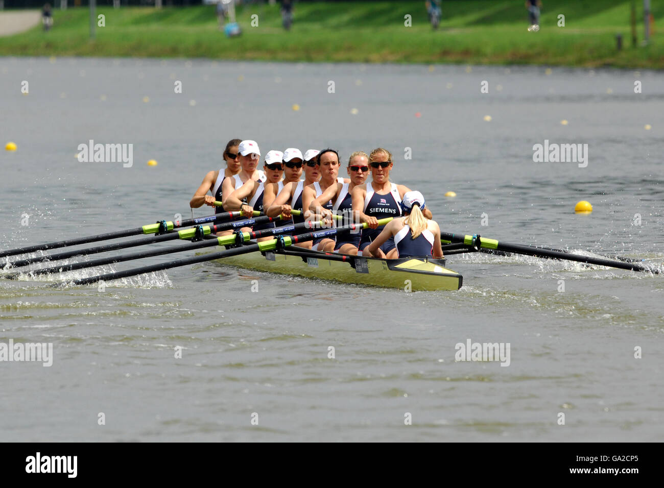 (front to back) Great Britain's Caroline O'Conner, Louisa Reeve, Katie Greves, Natasha Page, Beth Rodford, Jessica-Jane Eddie, Georgina Menheneott, Carla Ashford and Baz Moffat compete in the women's eight - heat 1 Stock Photo