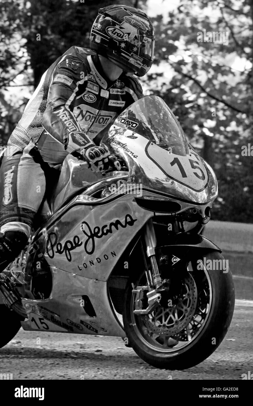 David Johnson riding the Norton SG5 superbike during practice for the 2016 Superbike TT in the Isle of Man Stock Photo