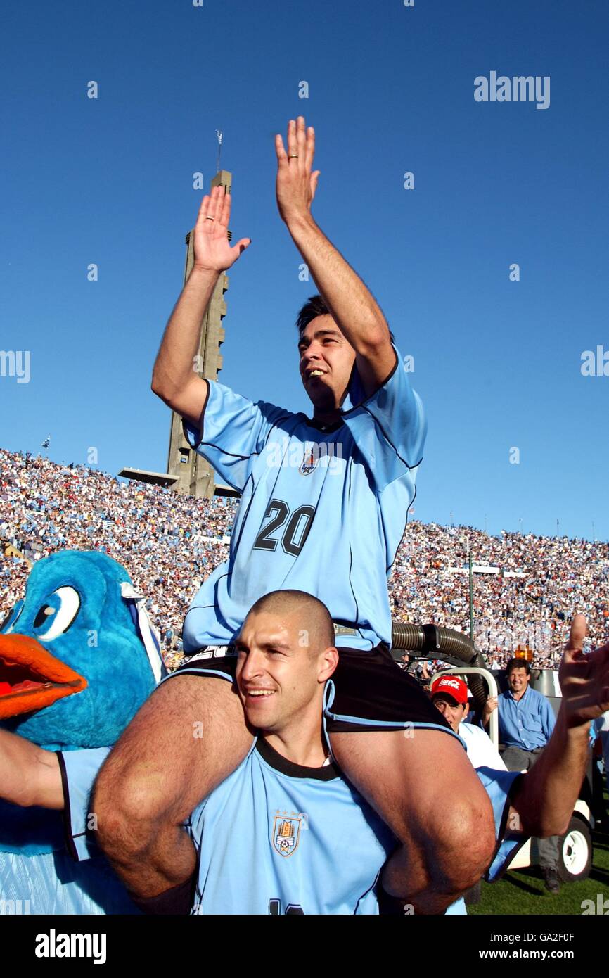 Uruguay S Alvaro Recoba Celebrates On The Shoulders Of Team Mate Diego Alonso Stock Photo Alamy