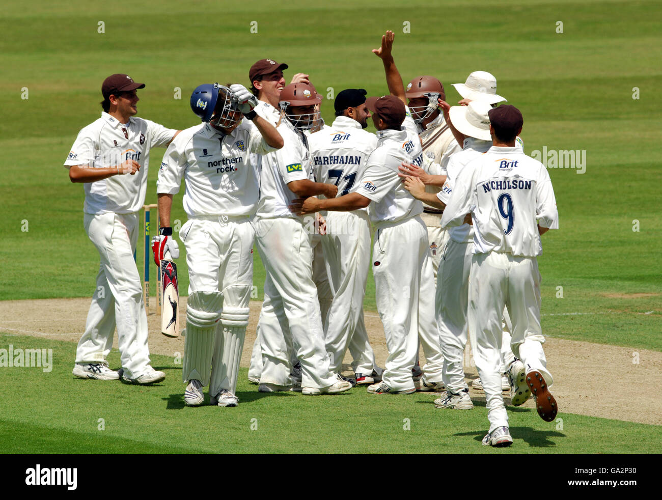 Cricket - Liverpool Victoria County Championship - Division One - Surrey v Durham - The Brit Oval. Durham's Liam Plunkett walks away dejected after getting out off the bowling of Surrey's Harbhajan Singh for 5 Stock Photo