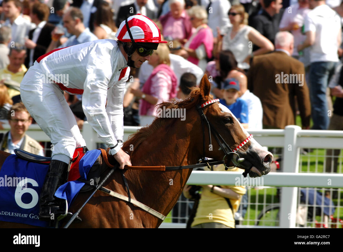 Horse Racing - The Coral-Eclipse Day - Sandown Park Racecourse. Guarantia, ridden by jockey Joe Fanning in the parade ring before the Addleshaw Goddard Distaff Stakes at the Sandown Racecourse, Surrey. Stock Photo