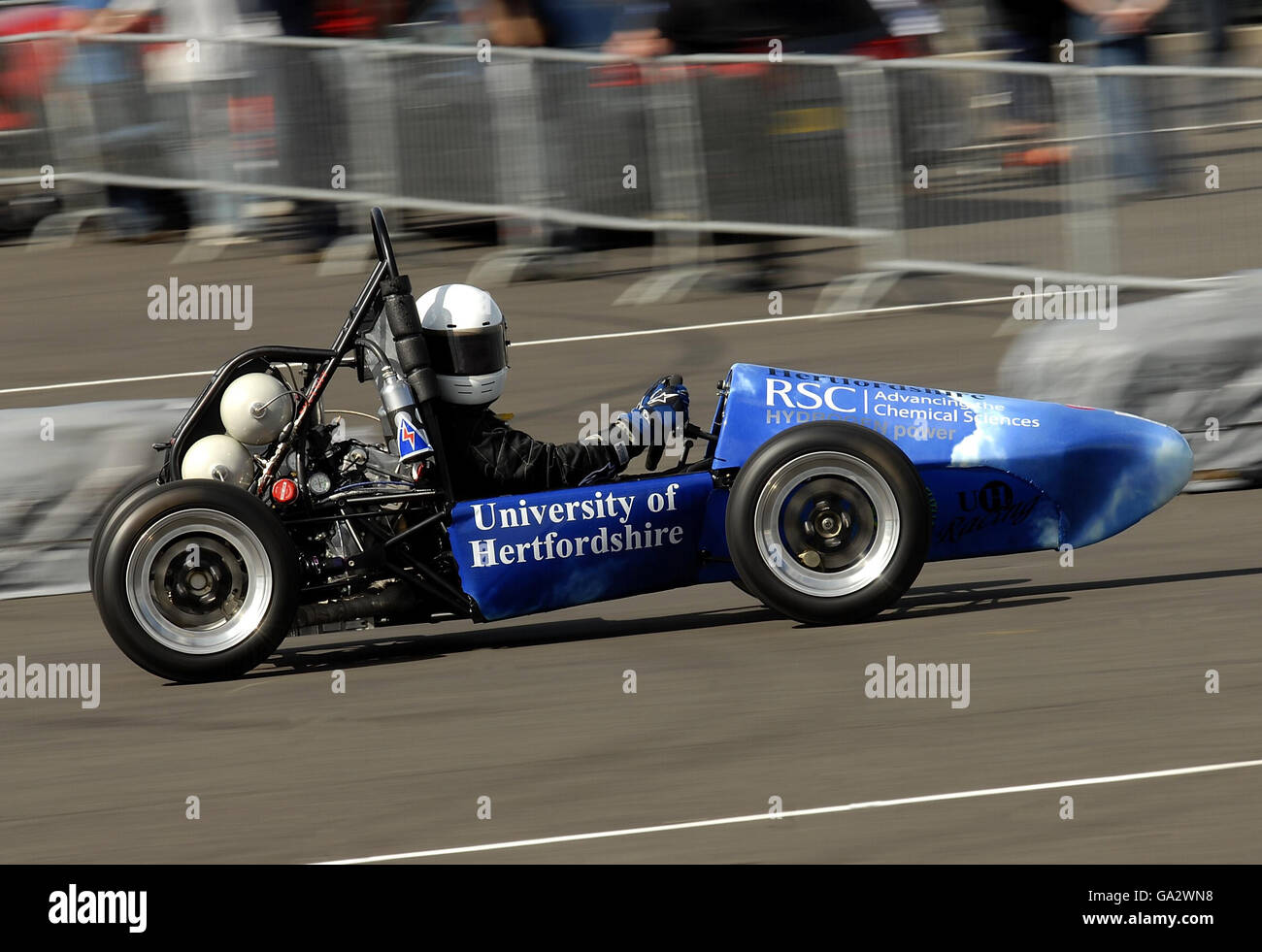The University of Hertfordshire hydrogen powered race car at Silverstone circuit in Northamptonshire. Stock Photo