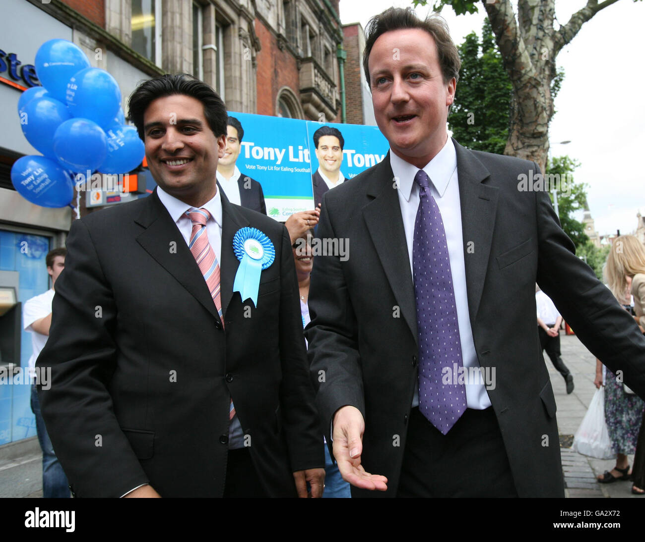 Conservative Party leader David Cameron campaigns for the council by-election in Ealing, west London with Tory candidate Tony Lit (left). Stock Photo