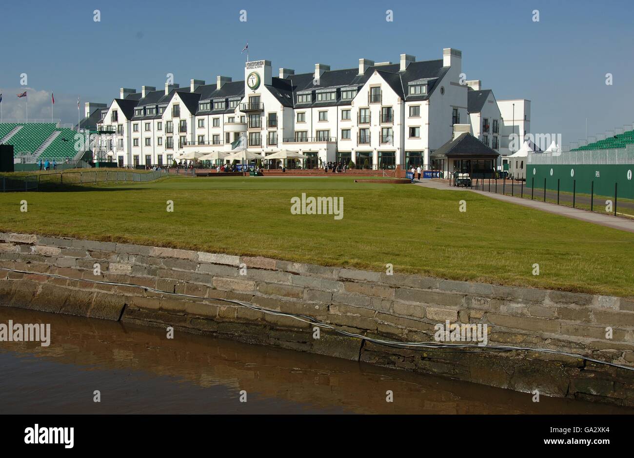 A General View of the club house during a practice day ahead of The Open Championship at the Carnoustie Golf Links in East Scotland. , NO MOBILE PHONE USE Stock Photo