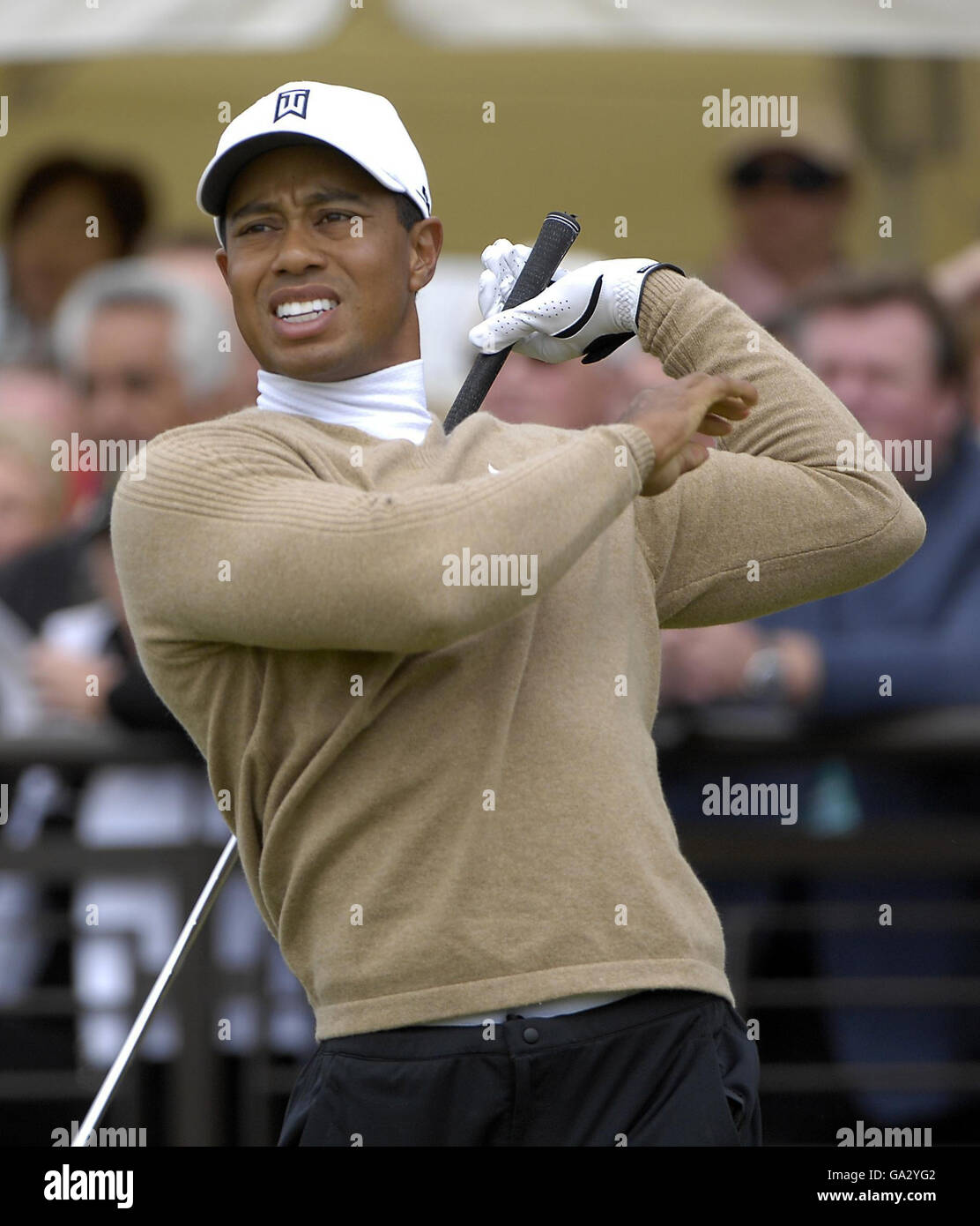 USA's Tiger Woods hits his first shot on the 1st tee into Barry Burn during the second day of The 136th Open Championships at Carnoustie, Scotland. Stock Photo
