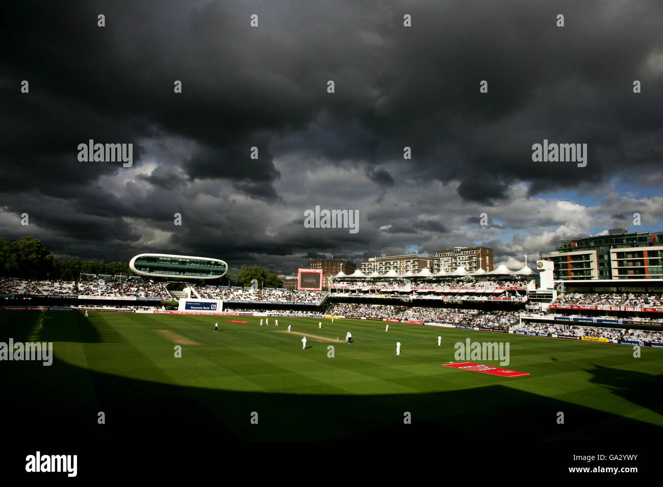 Cricket - npower First Test - England v India - Day Two - Lord's. Dark clouds hover over Lords towards the end of the day during the game between England and India. Stock Photo