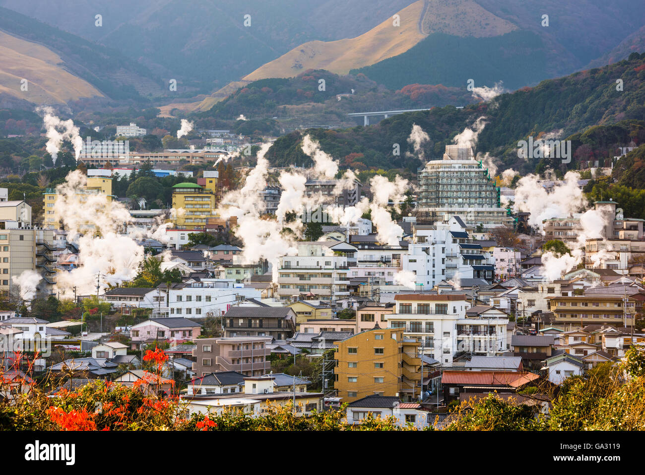 Beppu, Japan cityscape with hot spring bath houses. Stock Photo