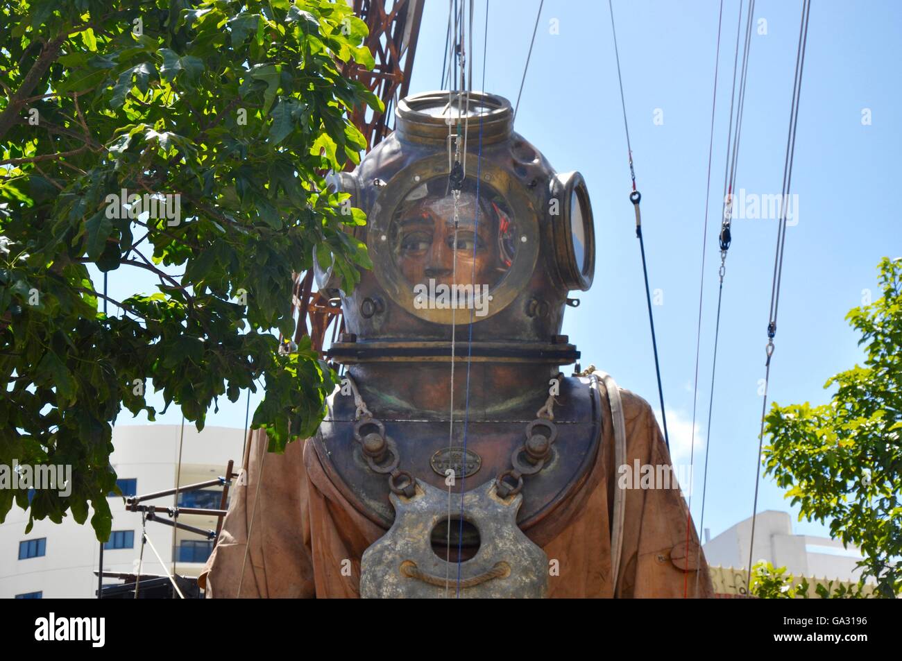 Giant diver with pulleys at the Journey of the Giants at the