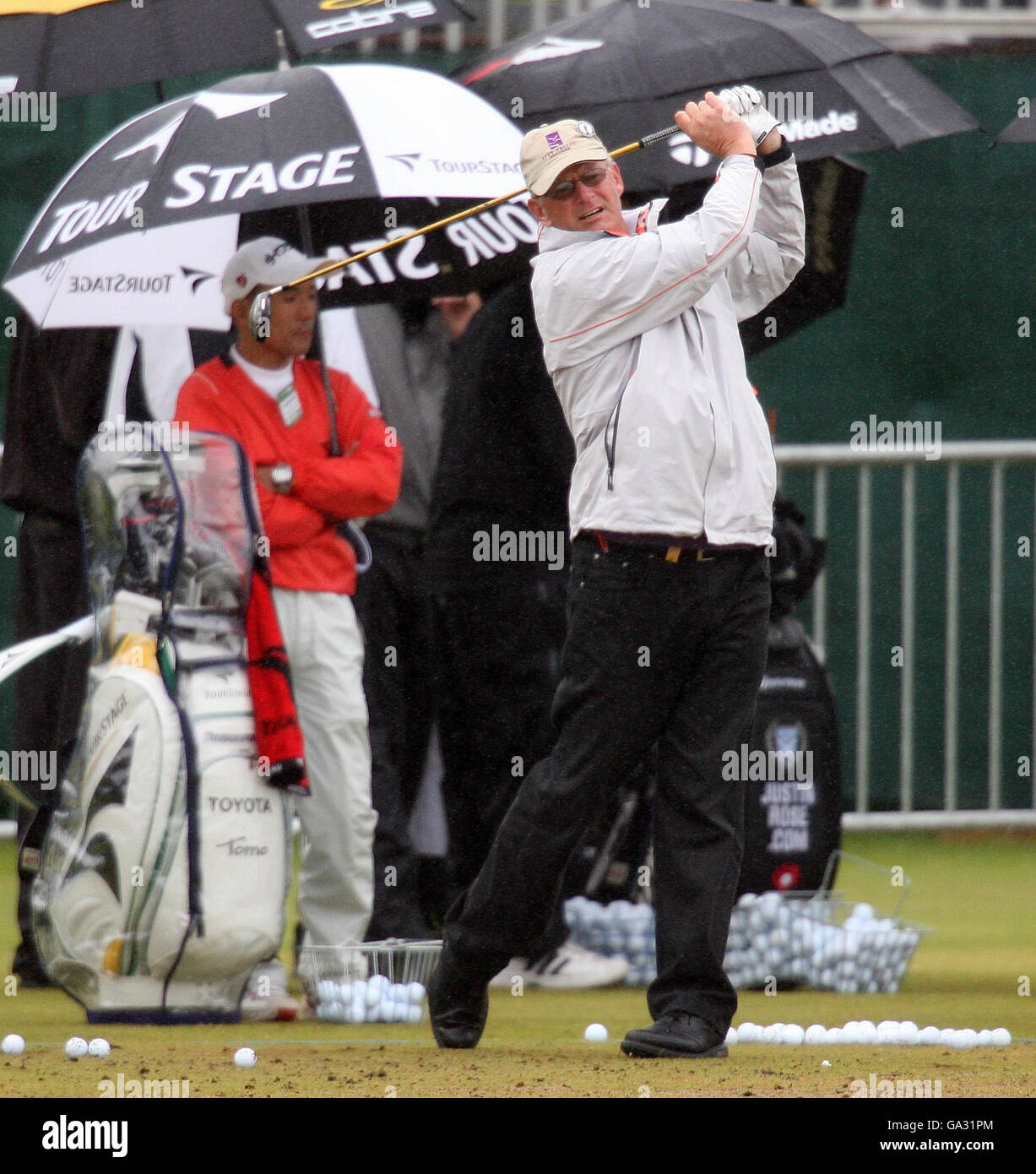 Scotland's Sandy Lyle on the driving range during the practice day of