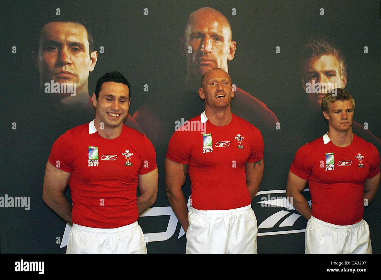 Rugby Union - Wales World Cup Team Kit Launch - Millennium Stadium. Wales' Stephen Jones (left), Gareth Thomas (centre) and Dwayne Peel model during the Kit Launch at the Millennium Stadium, Cardiff. Stock Photo