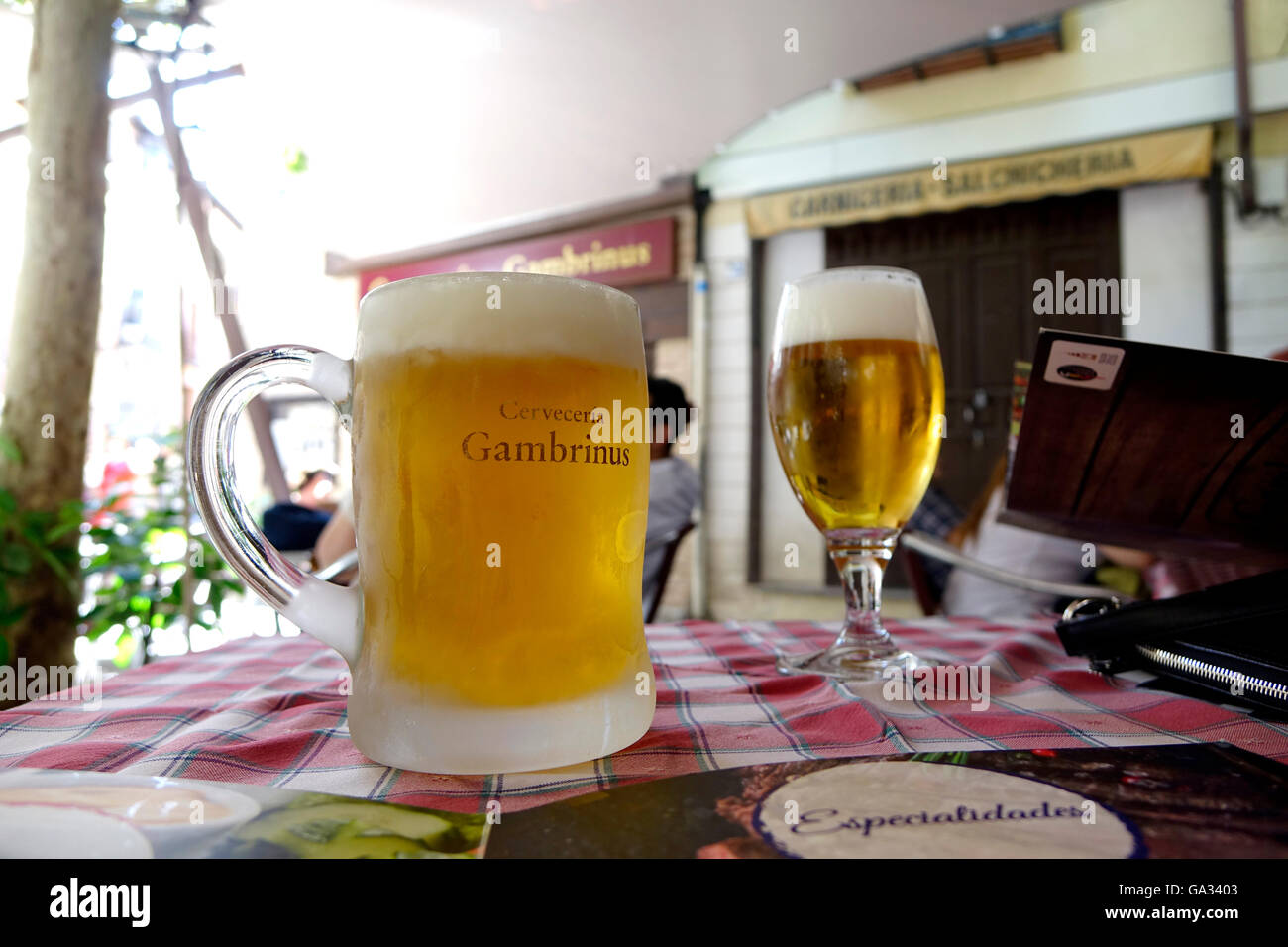 A mug of beer in an outdoor bar in Toledo, Spain. Stock Photo