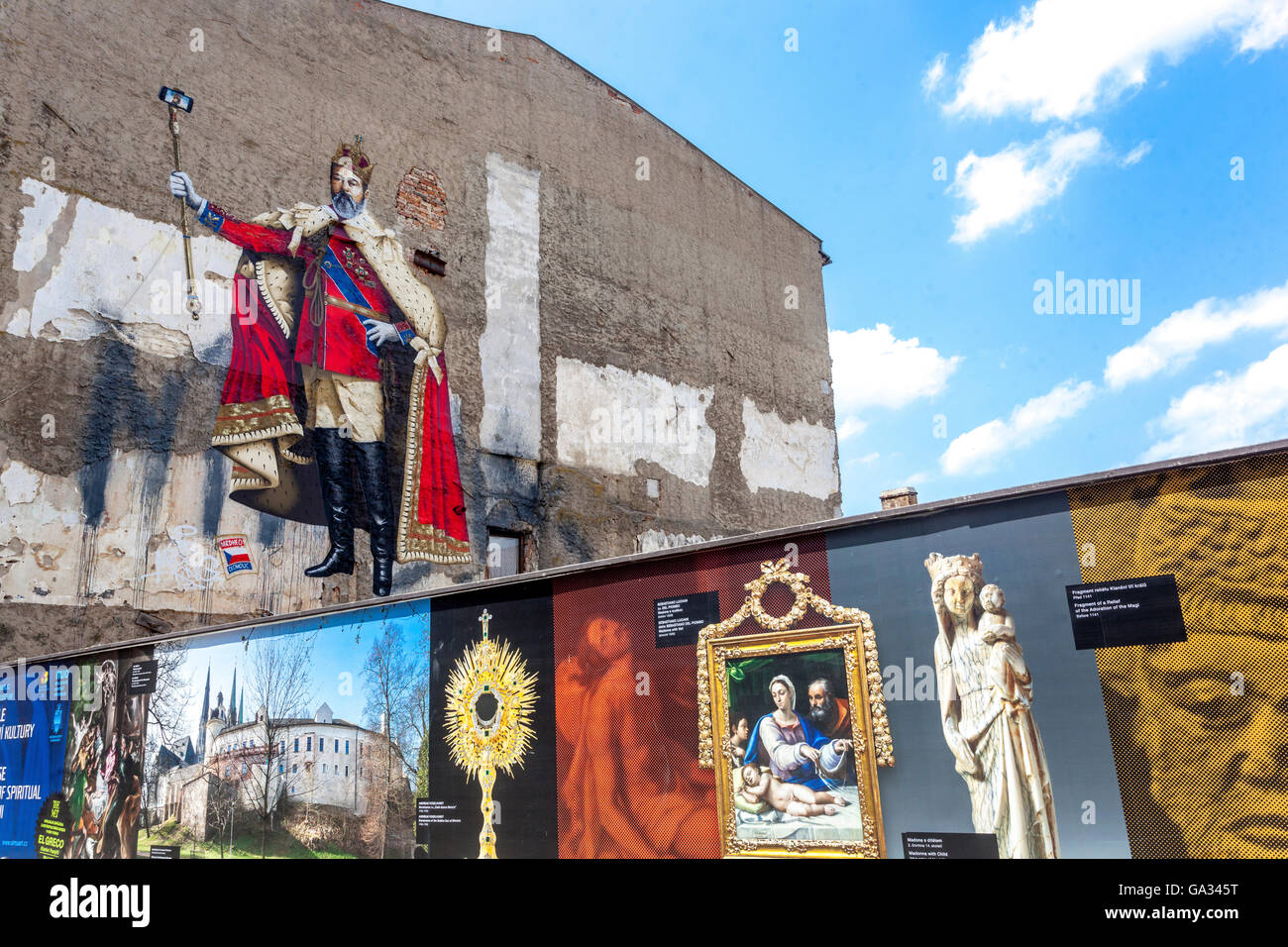 Olomouc monuments on billboards and street art on the wall, Olomouc, South Moravia, Czech Republic Stock Photo