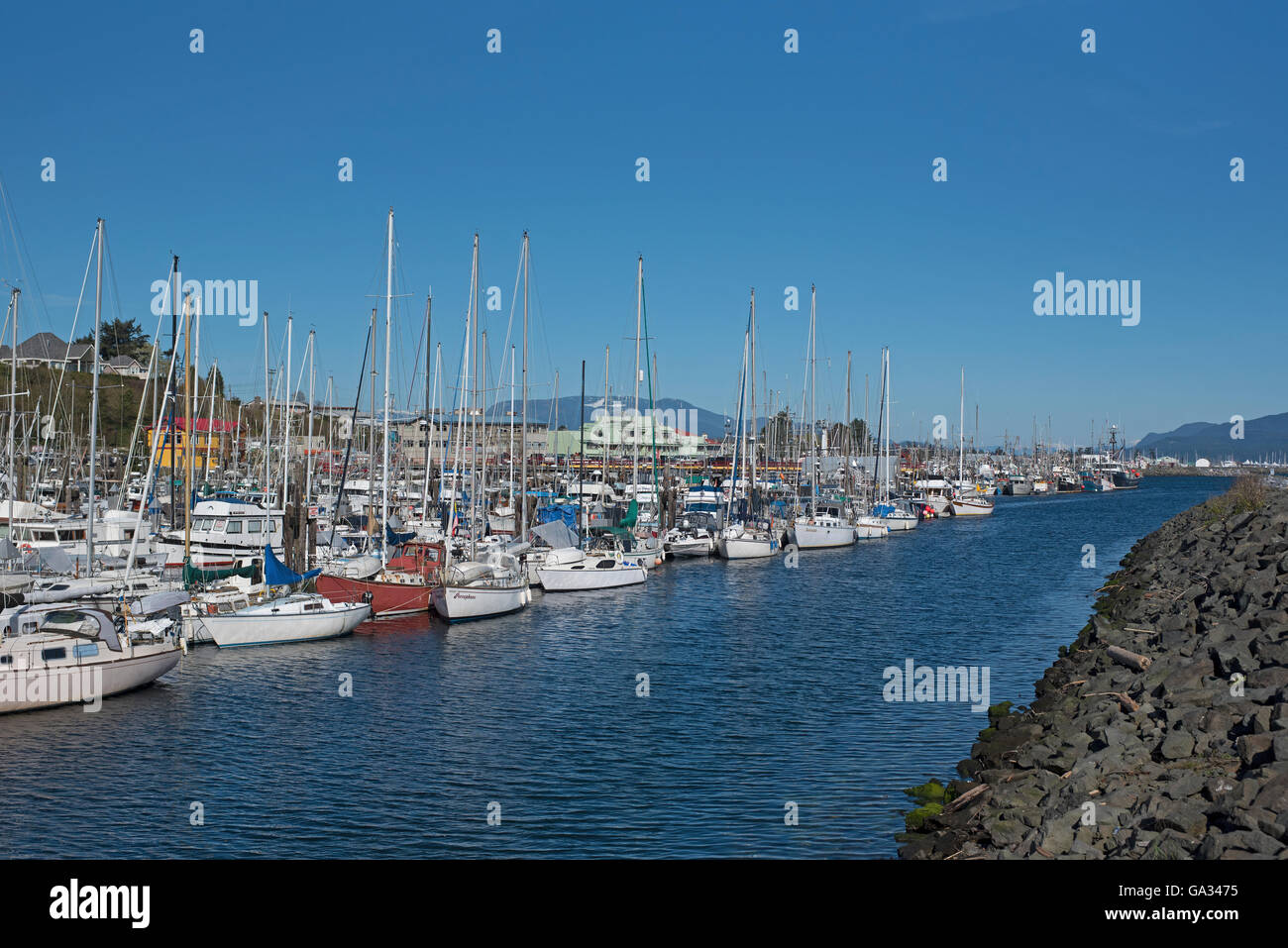 Discovery Harbour Marina located in Campbell River on the east coast of Vancouver Island, British Columbia, Canada. SCO 10,537. Stock Photo