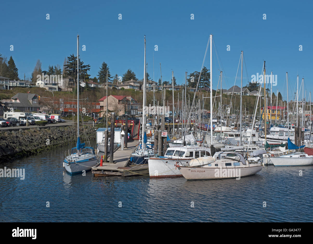 Discovery Harbour Marina located in Campbell River on the east coast of Vancouver Island, British Columbia, Canada. SCO 10,538. Stock Photo