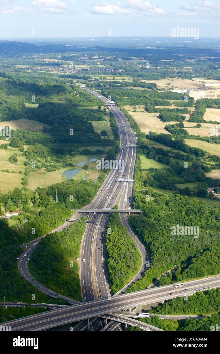 Aerial photo of M23 flyover M25, near Redhill, Surrey, England, UK, GB Stock Photo